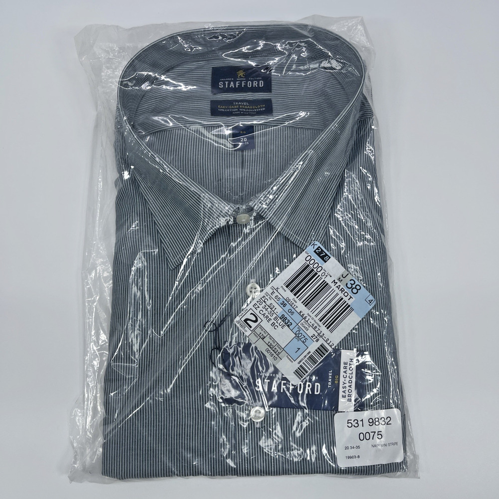 Stafford Mens Dress Shirt 20 34/35 Blue Navy Stripe Easy Care Broadcloth New NWT